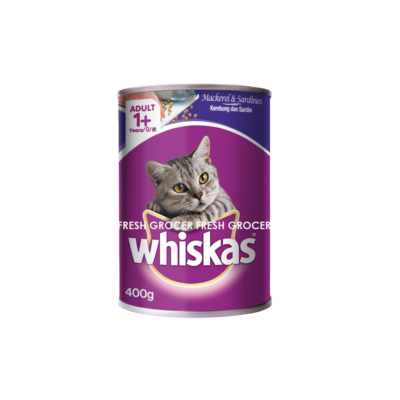 WHISKAS WHOLE MACKEREL & SARDINES CAN 400GM